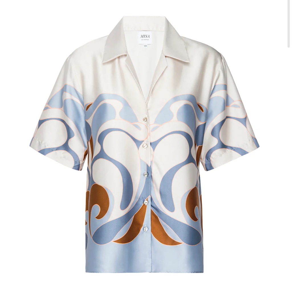 Misa Solange Top Revolve Short Sleeve Collar Button Down Swan Print Satin New